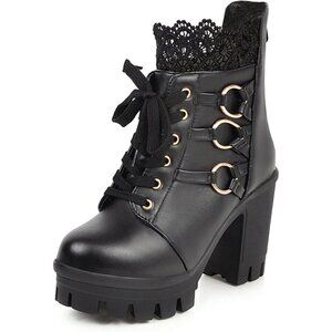 Meotina Women Combat Black Microfiber High Heel Rivets Platform Ankle Bootie